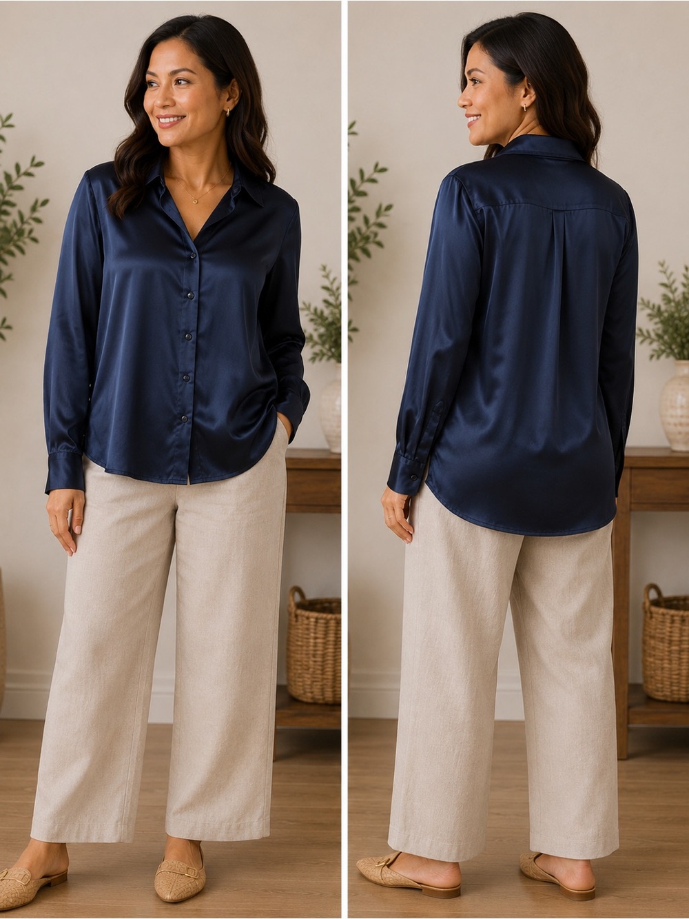 Silk Land Women’s 100% Silk Blouse Navy Blue Button Vented Sides Sz L